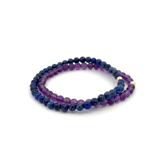 Lapis Lazuli & Amethyst Gemstone Stretch Bracelet with 14K Gold Accent Bead Hand - Picture 5 of 7